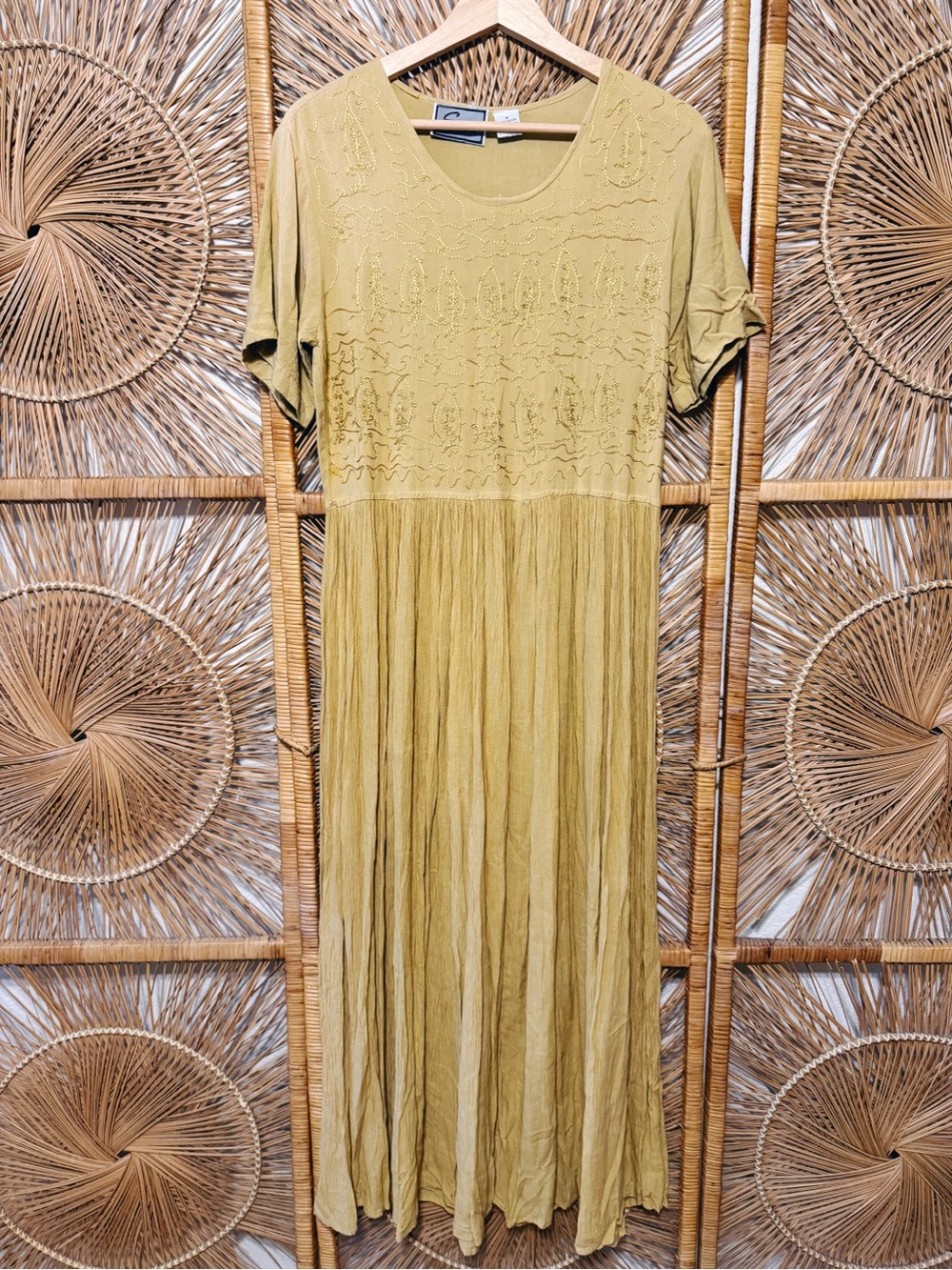 Vintage Style Mustard Yellow Embroidered Maxi Dress SZ S